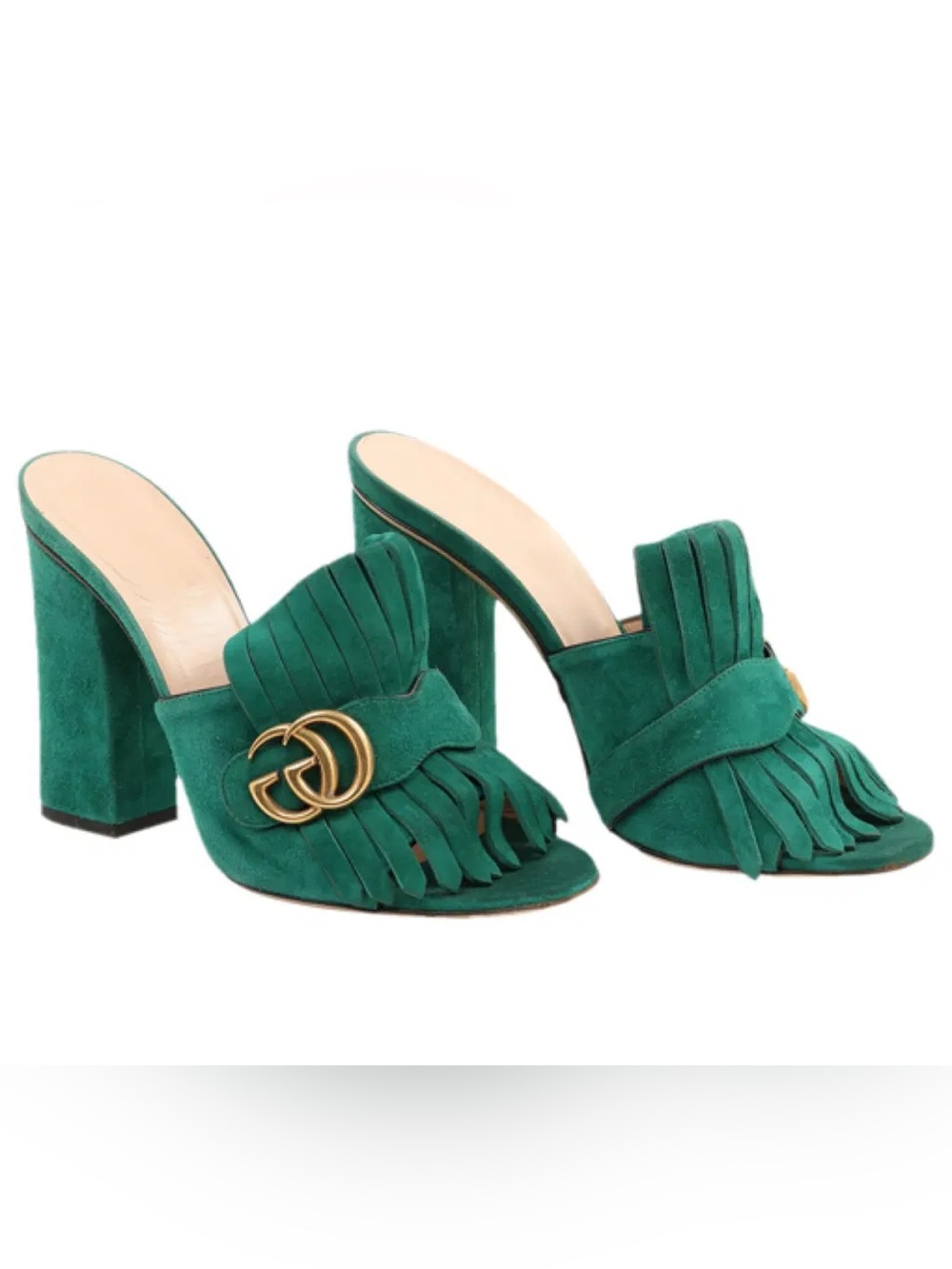 Gucci Marmont Green Suede Fringe Block Heel Mules size 39.5